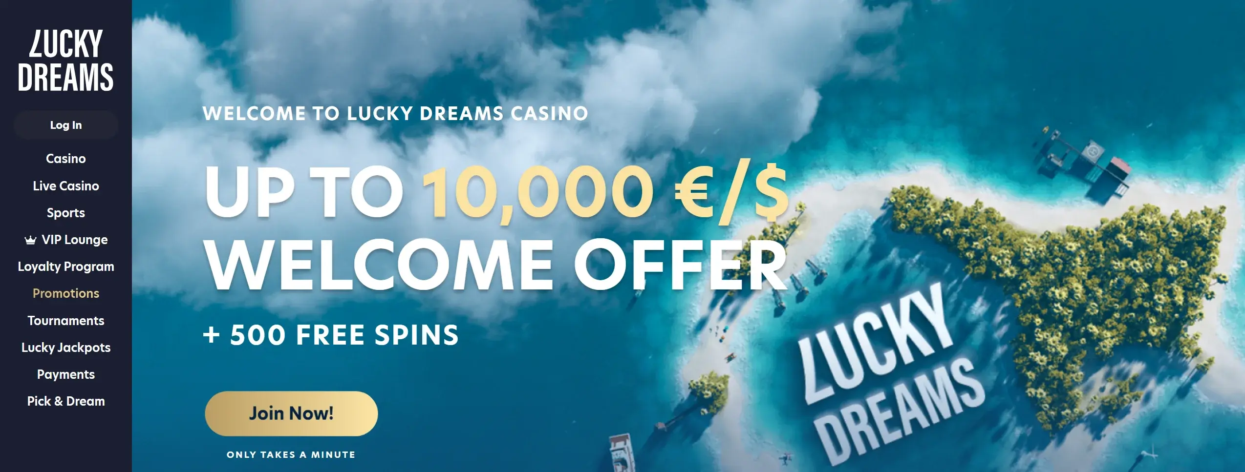 Lucky Dreams casino frontpage featuring welcome bonus offer and site main navigation